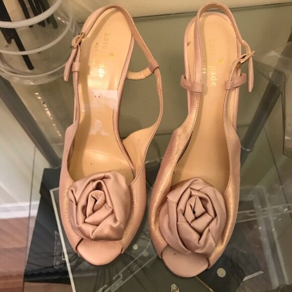 KATE SPADE Slingback Suede Rose Gold Satin Metalic Heels Sandals Bow Neutral 7.5 - Picture 6 of 11